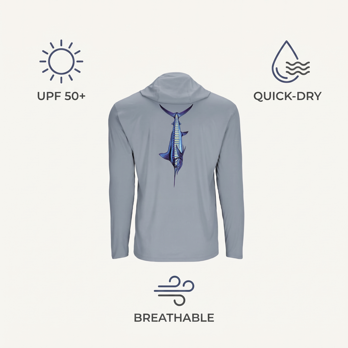 UPF 50+ Blue Marlin Hooded Sun Shirt — features