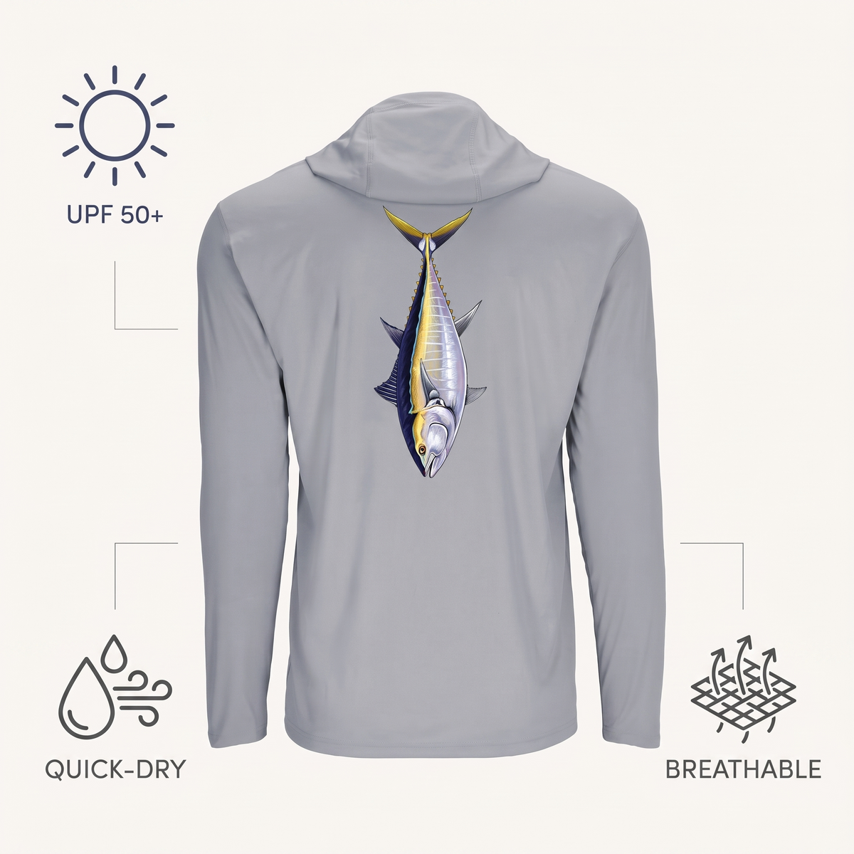 UPF 50+ Bluefin Tuna Hooded Sun Shirt — features