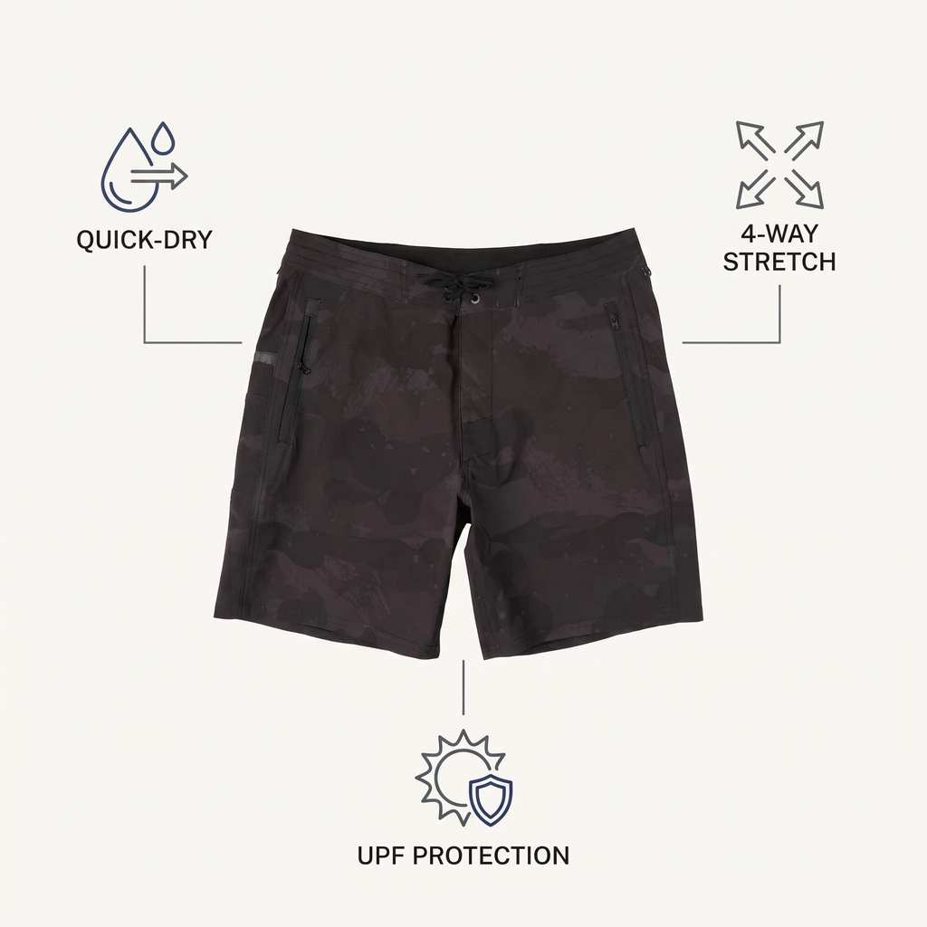 18" Boardshorts — Brush Camo — features