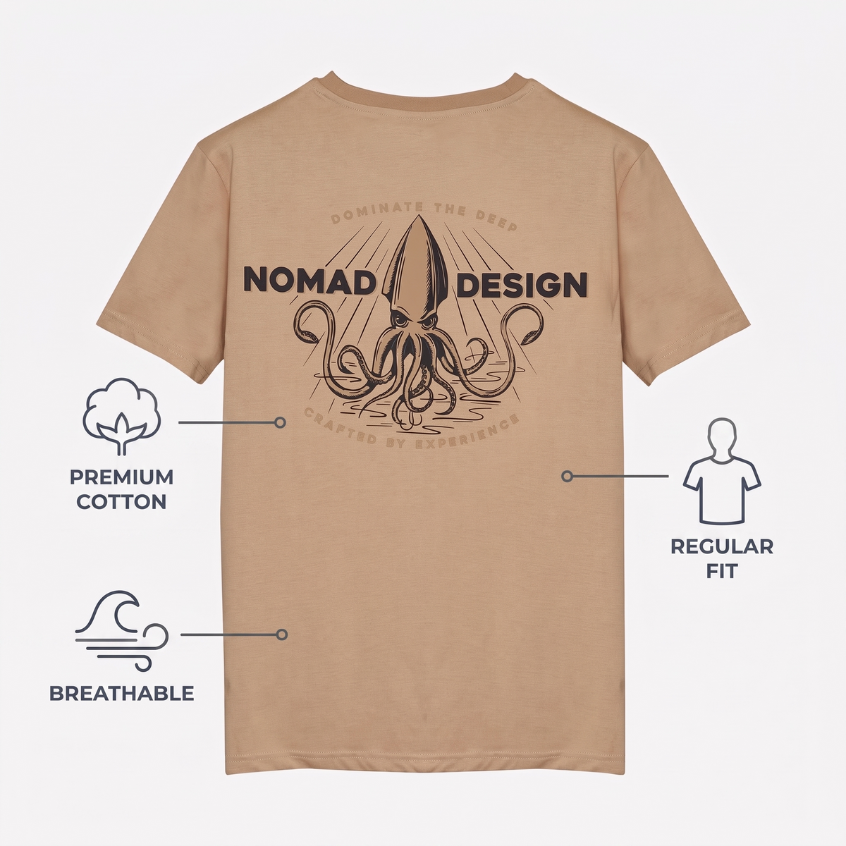 Squid Graphic Fishing Tee — Tan — features